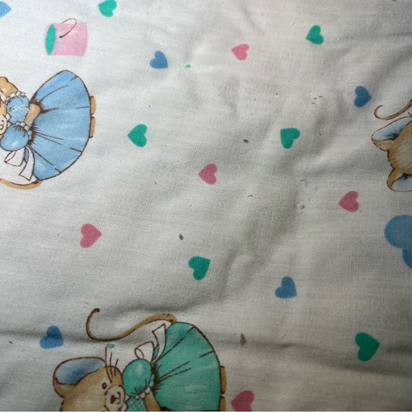 Vintage Baby Quilt Mice Hearts Green Pink 39X50 Nursery Decor Baby Blanket - Picture 7 of 8